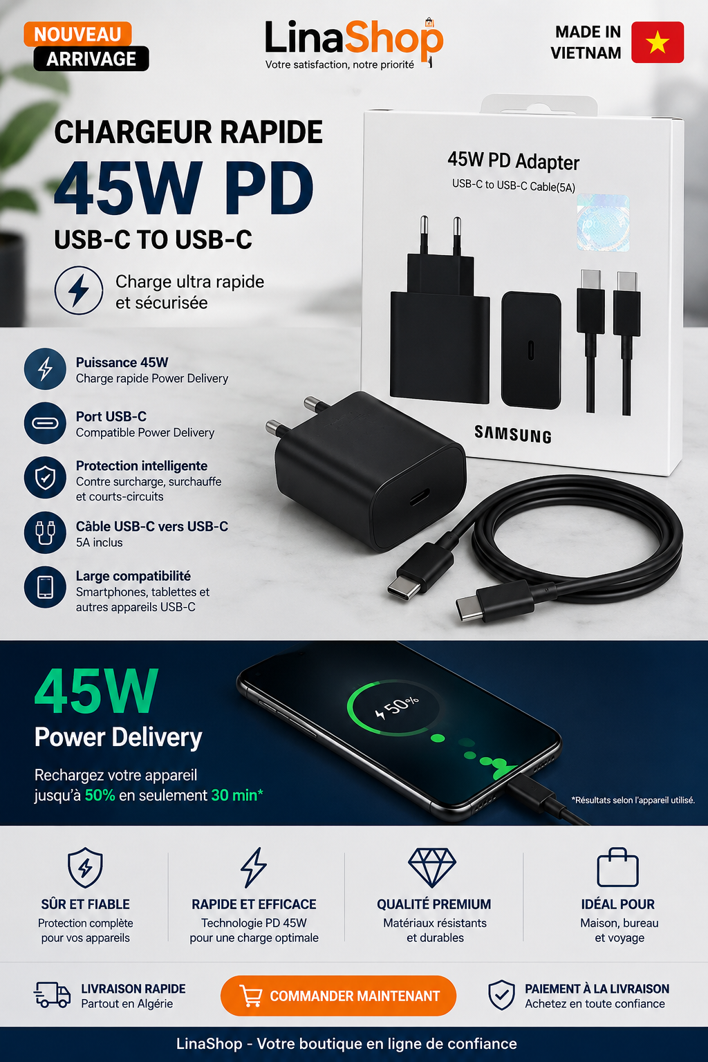 🔋 Chargeur Rapide 45W PD USB-C avec câble USB-C vers USB-C 5A