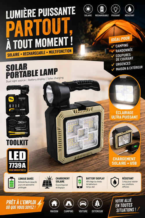 ☀️ LAMPE SOLAIRE PORTABLE MULTIFONCTION – LED 7739-L 🔦