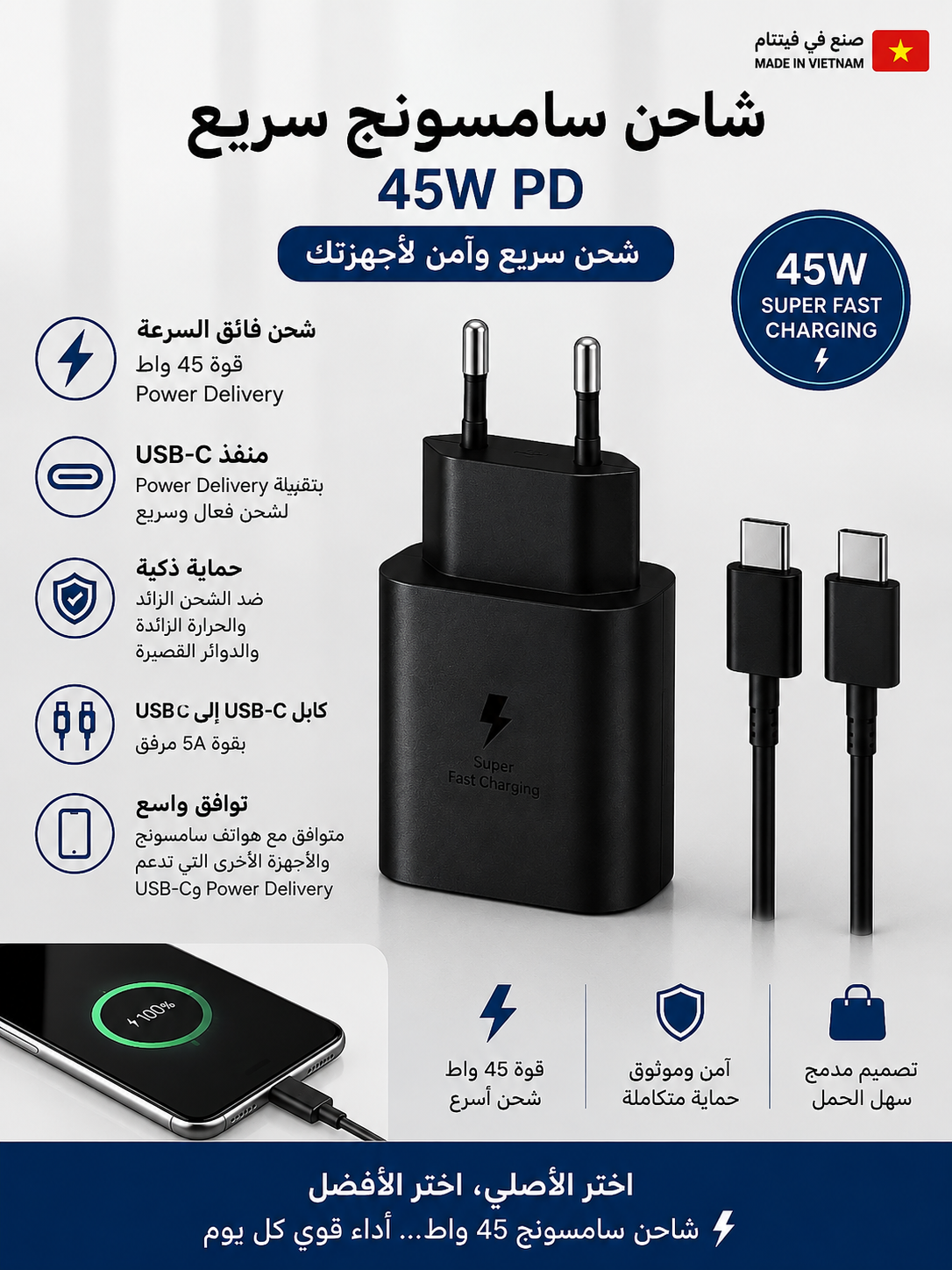 🔋 Chargeur Rapide 45W PD USB-C avec câble USB-C vers USB-C 5A