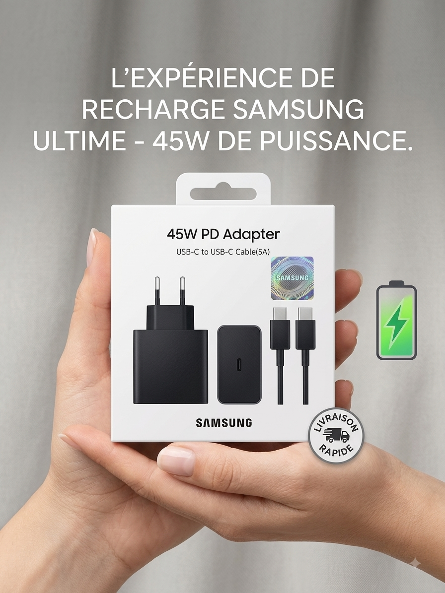 🔋 Chargeur Rapide 45W PD USB-C avec câble USB-C vers USB-C 5A